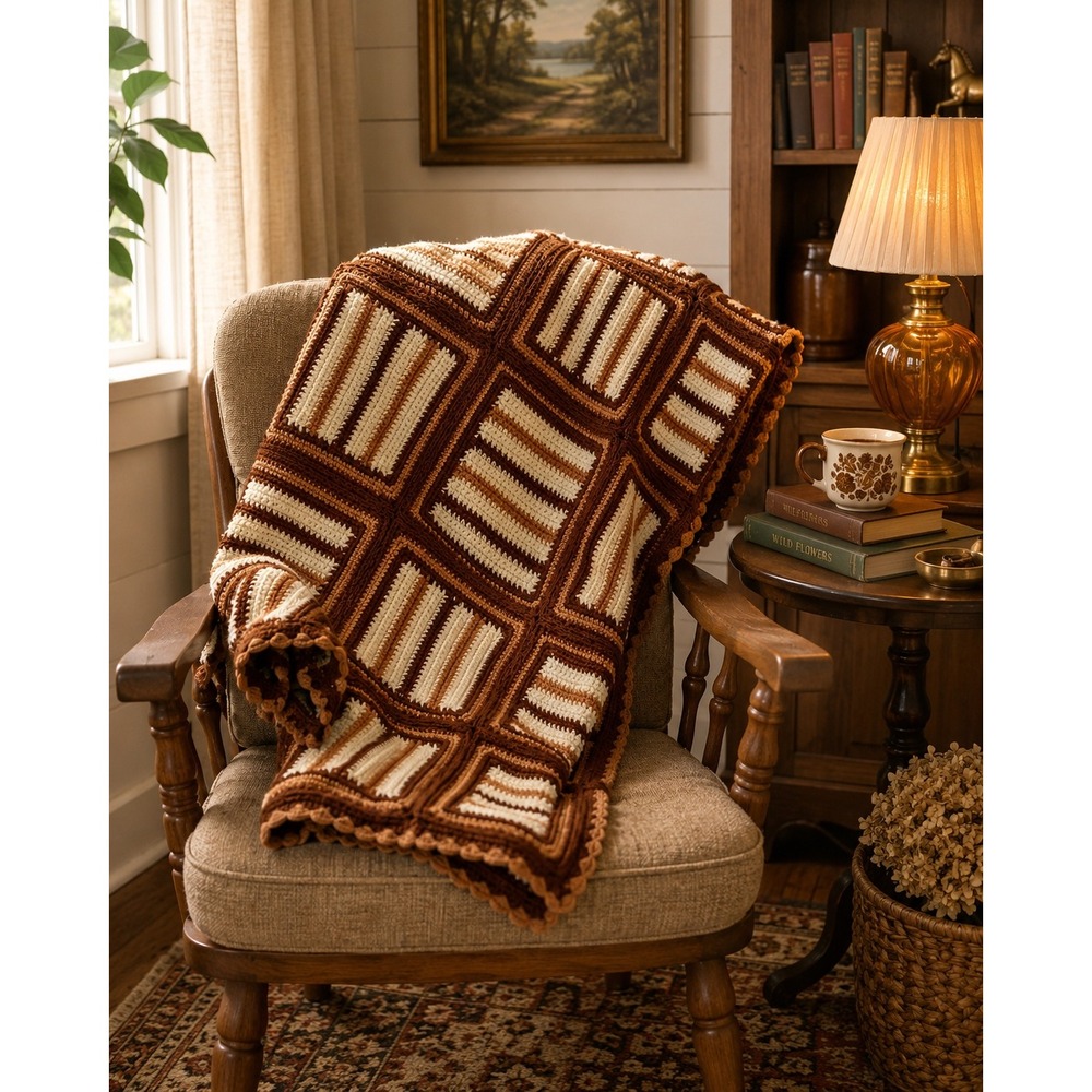 Vintage Handmade Crochet Patchwork Throw Blanket Brown Cream Geometric 41x31